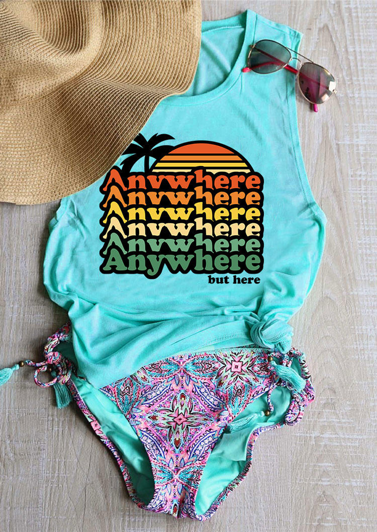 Tank Tops Coconut Tree Sunset Anywhere But Here Tank Top in Cyan. Size: S,M,L,XL