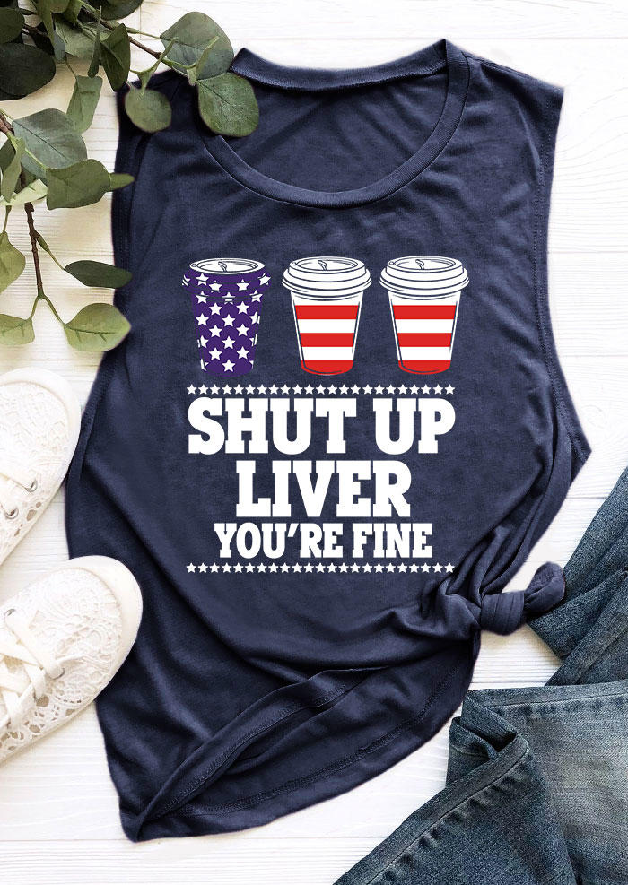 Tank Tops Shut Up Liver You're Fine American Flag Star Tank Top in Navy Blue. Size: S