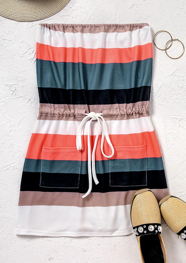 Mini Dresses Pocket Striped Strapless Bandeau Drawstring Mini Dress in Multicolor. Size: L,XL