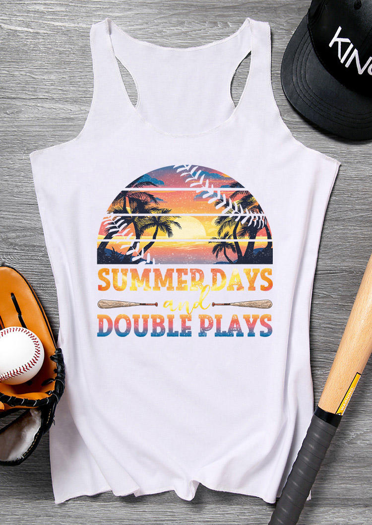 Tank Tops Summer Days And Double Plays Baseball Racerback Tank Top in White. Size: S,M,L,XL