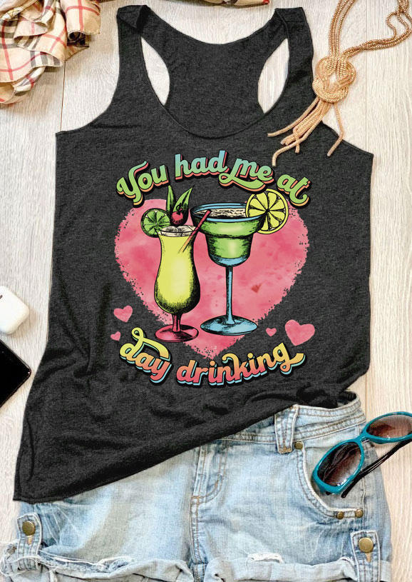 Tank Tops You Had Me At Day Drinking Heart Racerback Tank Top in Dark Grey. Size: M