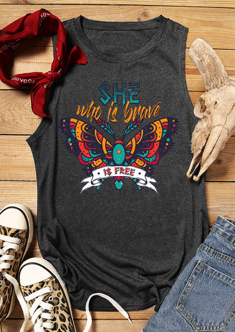 

Tank Tops She Who Is Brave Butterfly O-Neck Tank Top in Dark Grey. Size