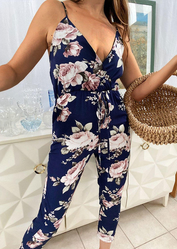 

Jumpsuits & Rompers Floral Criss-Cross Tie V-Neck Jumpsuit in Blue. Size