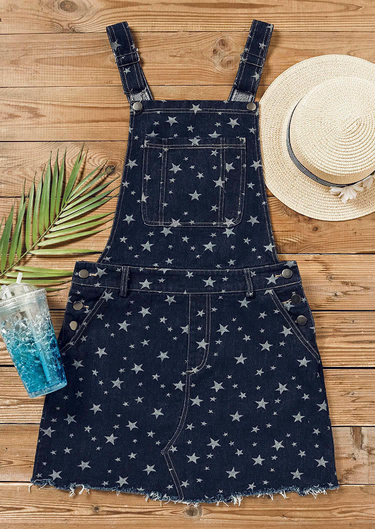Pocket Star Denim Overall Mini Dress - Navy Blue