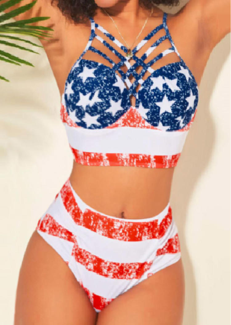 Bikini Sets American Flag Star Criss-Cross Bikini Set in White. Size: S