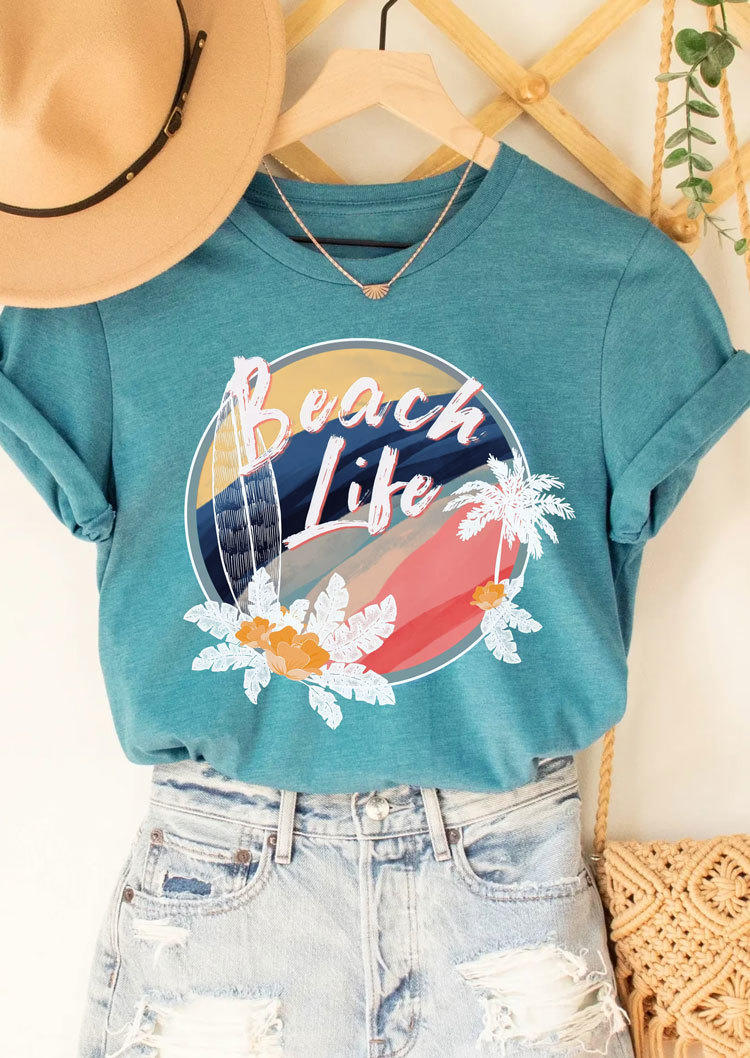 T-shirts Tees Beach Life Surfing Coconut Tree T-Shirt Tee in Cyan. Size: S,L,XL