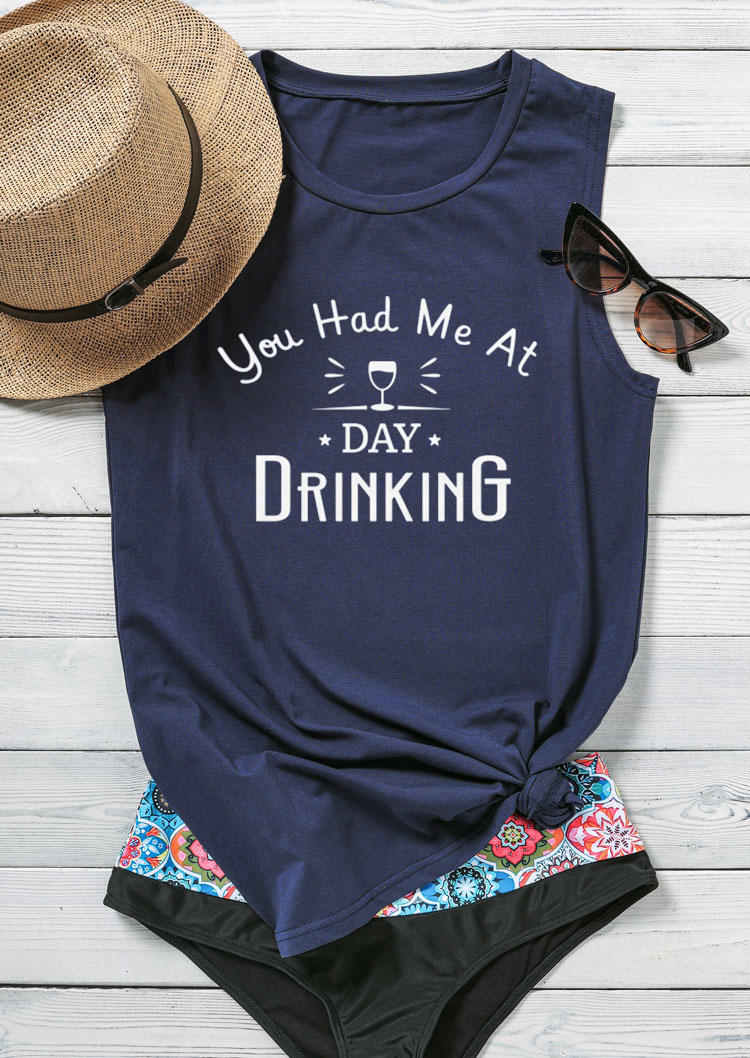 Tank Tops You Had Me At Day Drinking O-Neck Tank Top in Navy Blue. Size: M,L,XL