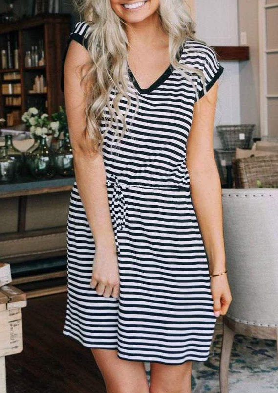 Mini Dresses Striped Drawstring Cap Sleeve Mini Dress in Multicolor. Size: L,S,XL