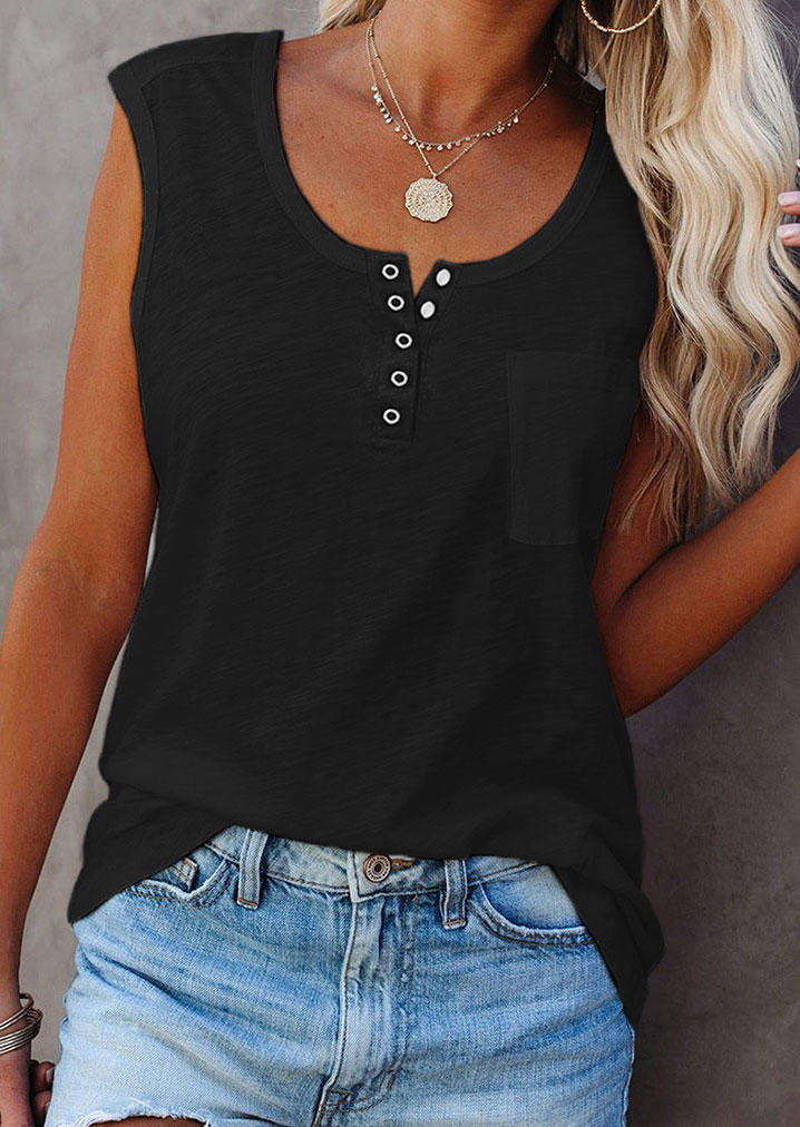 

Tank Tops Snap Button Notched Neck Tank Top in Black. Size