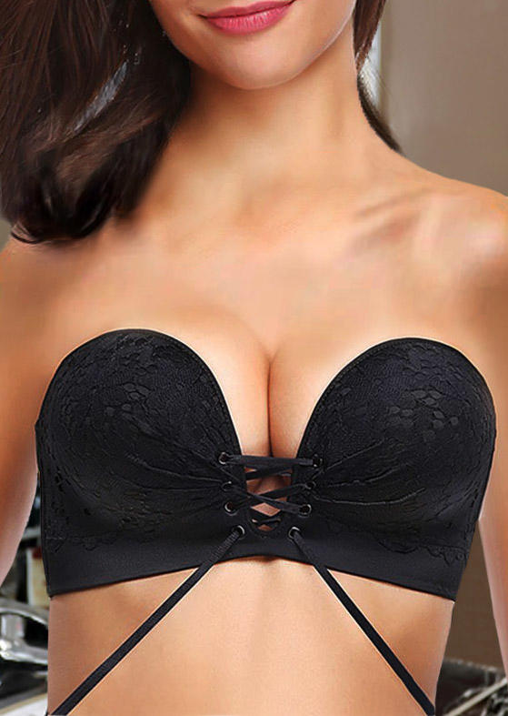 Bras Lace Up Strapless Push Up Adhesive Bra in Black. Size: S