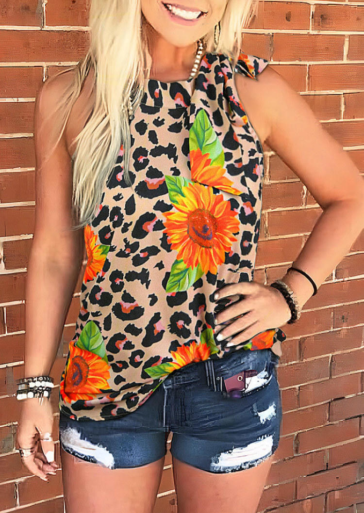 

Tank Tops Leopard Sunflower Tie Casual Tank Top in Multicolor. Size