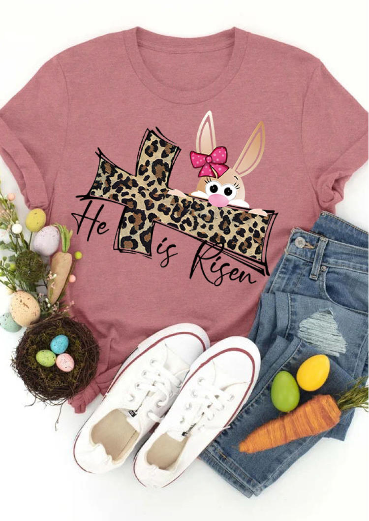 T-shirts Tees Easter He Is Risen Bunny Rabbit Leopard Cross T-Shirt Tee - Cameo Brown in Brown. Size: L,M,S