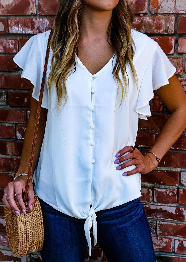 Blouses Ruffled Button Tie V-Neck Blouse in White. Size: L,M,S