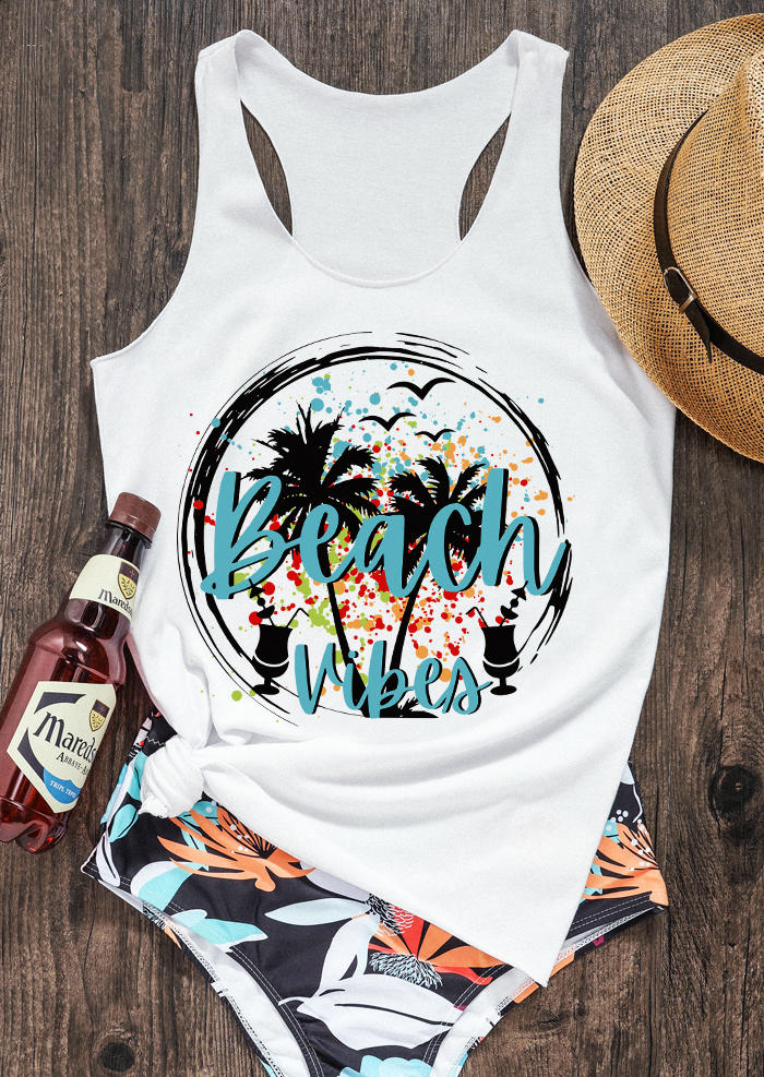 

Tank Tops Beach Vibes Drink Coconut Tree Racerback Tank Top in White. Size