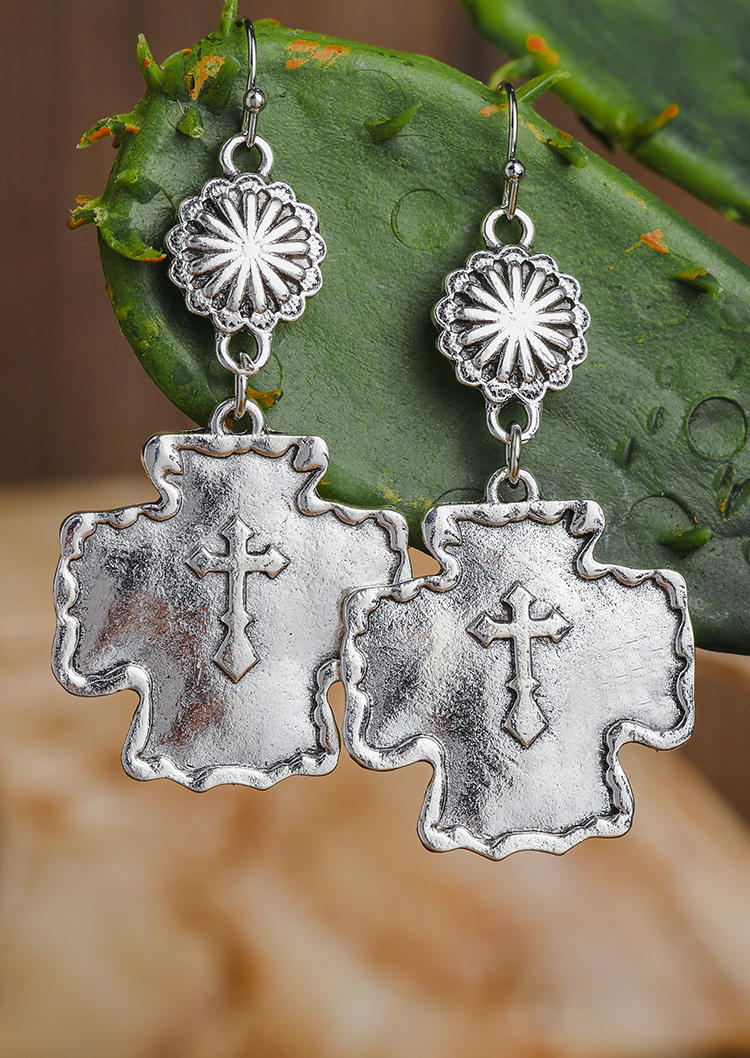

Earrings Cross Floral Alloy Earrings in Silver. Size