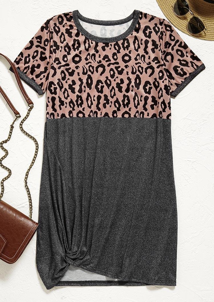 Mini Dresses Leopard Twist O-Neck Mini Dress in Leopard. Size: S,M,L,XL