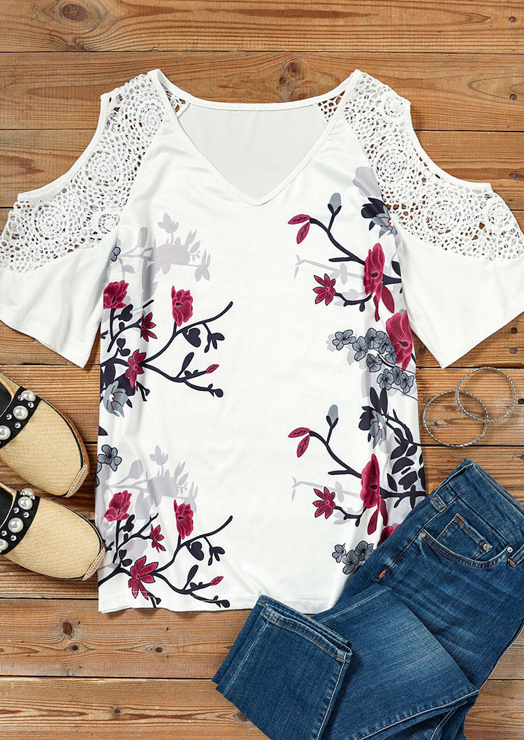 

Blouses Lace Splicing Floral Cold Shoulder Blouse in White. Size