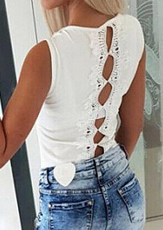 Tank Tops Lace Splicing Mesh Hollow Out Tank Top in White. Size: M,XL