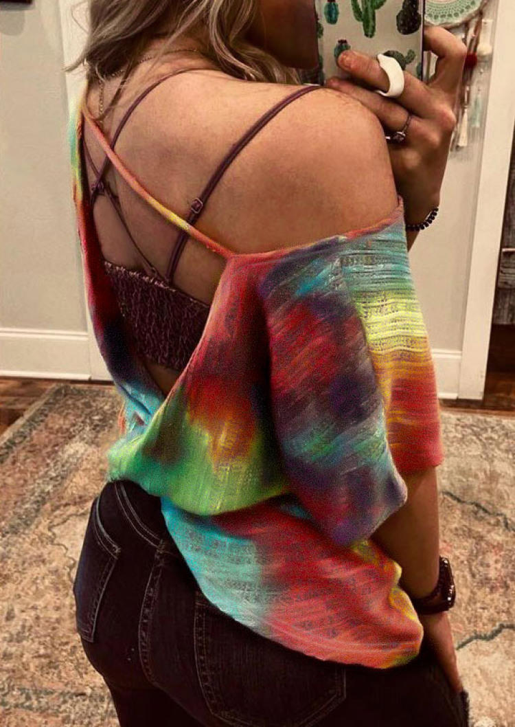 Blouses Tie Dye Open Back  Short Sleeve Blouse without Bra in Multicolor. Size: L,M,S