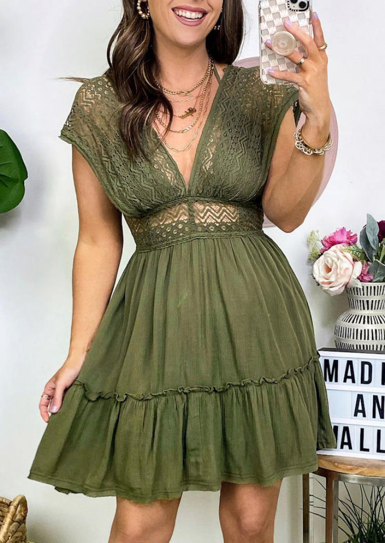 Mini Dresses Lace Hollow Out Open Back Mini Dress - Army Green in Green. Size: L