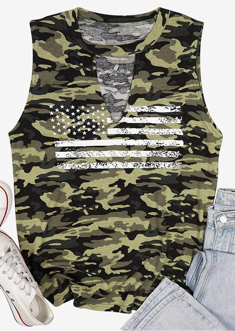 

Tank Tops American Flag Camouflage Keyhole Neck Tank Top in Camouflage. Size