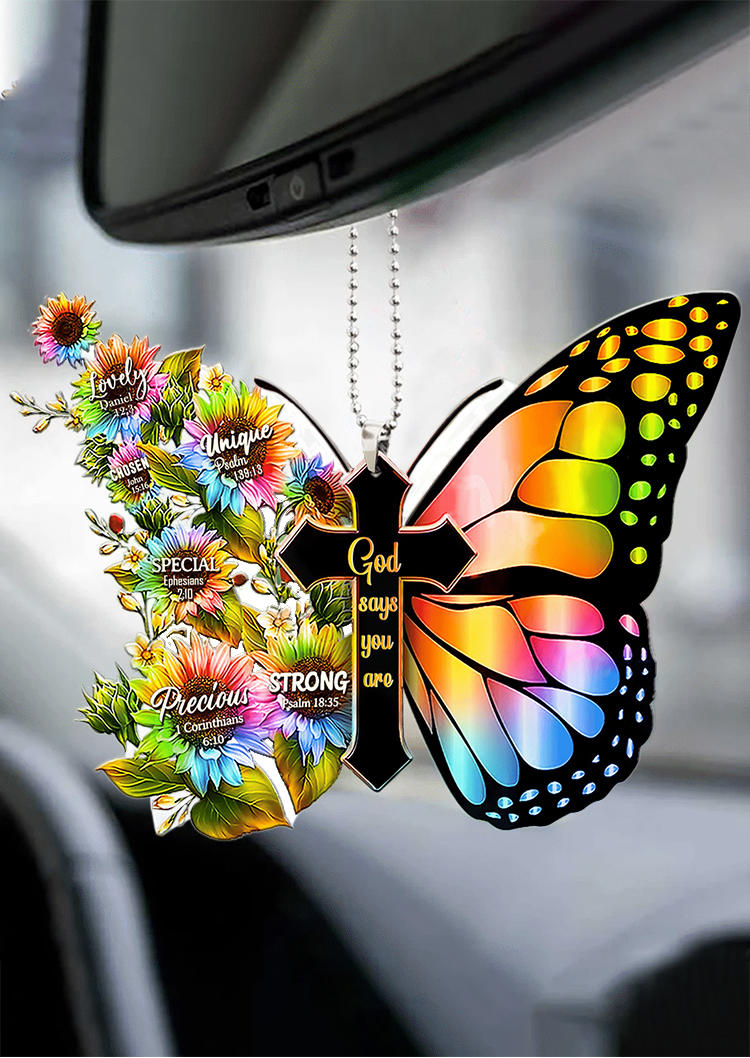 Cross Sunflower Butterfly Pendant Car Decoration Ornament in Yellow. Size: One Size
