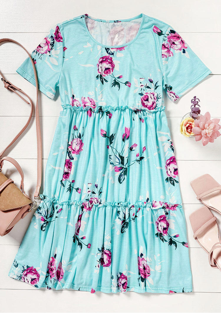 

Mini Dresses Floral Ruffled O-Neck Mini Dress in Multicolor. Size