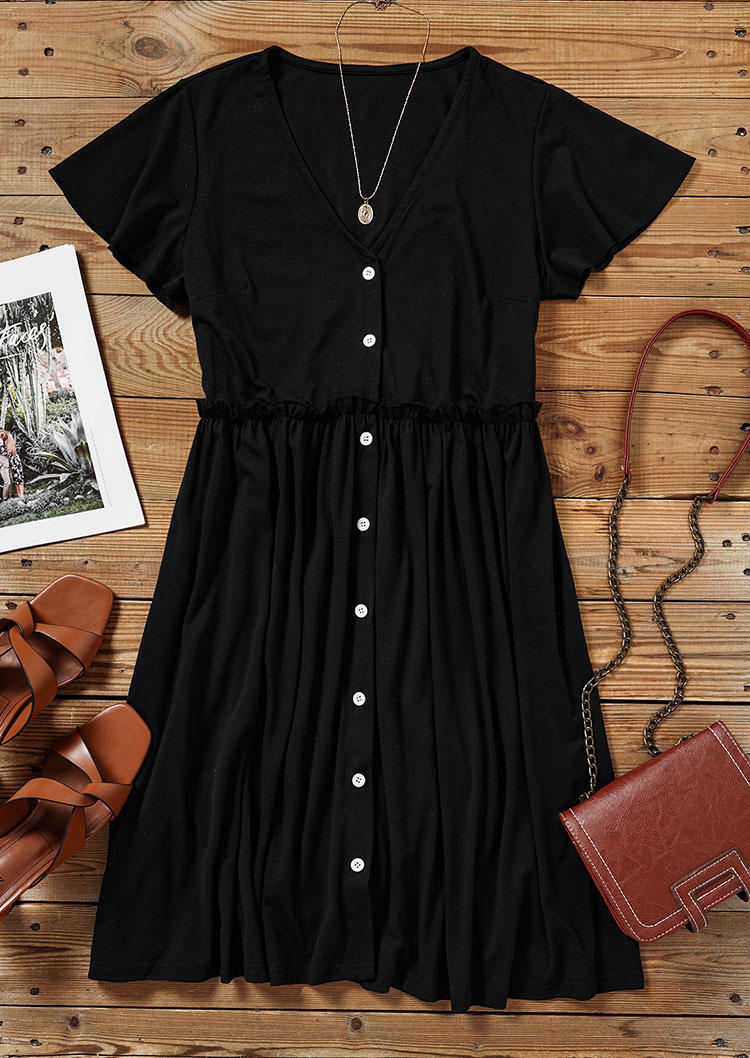 Mini Dresses Ruffled Button V-Neck Mini Dress in Black. Size: M,XL