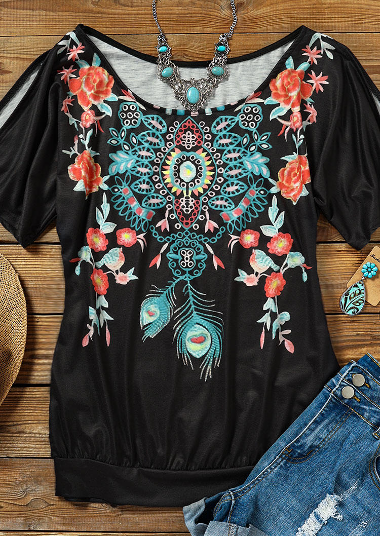 Blouses Floral Cold Shoulder Casual Blouse in Black. Size: S