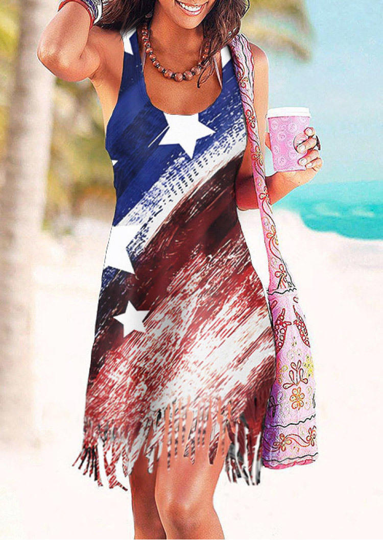 Mini Dresses American Flag Star Tassel Sleeveless Mini Dress in Multicolor. Size: S,M,L,XL