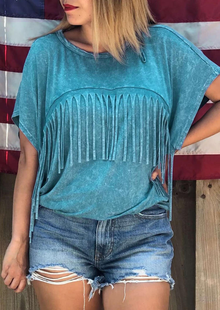 Tassel Batwing Sleeve Blouse - Lake Blue