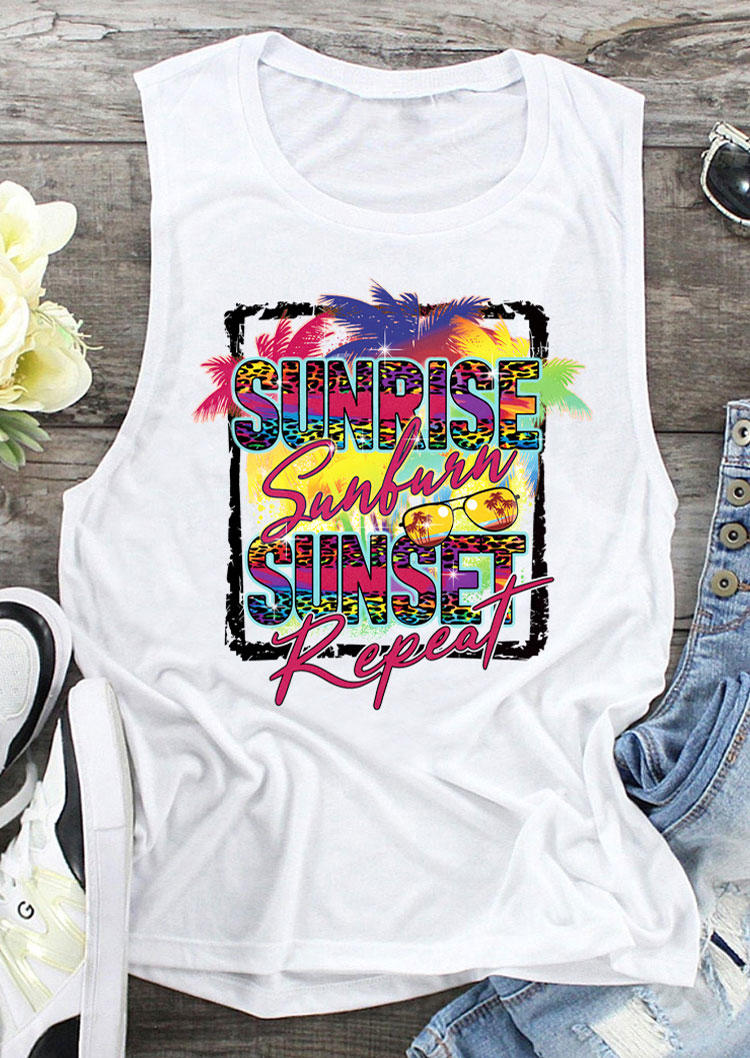 

Tank Tops Sunrise Sunburn Sunset Repeat Leopard Tank Top in White. Size: ,L,XL
