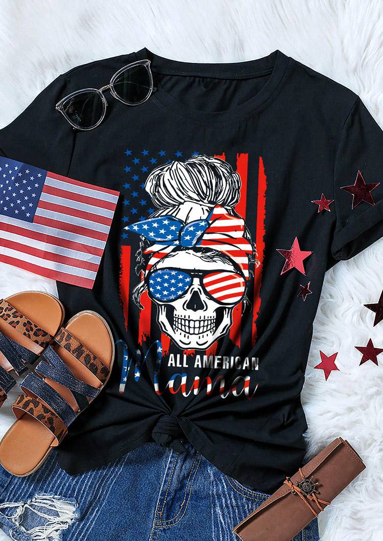 T-shirts Tees All American Mama Flag Skull T-Shirt Tee in Black. Size: S,M,L,XL