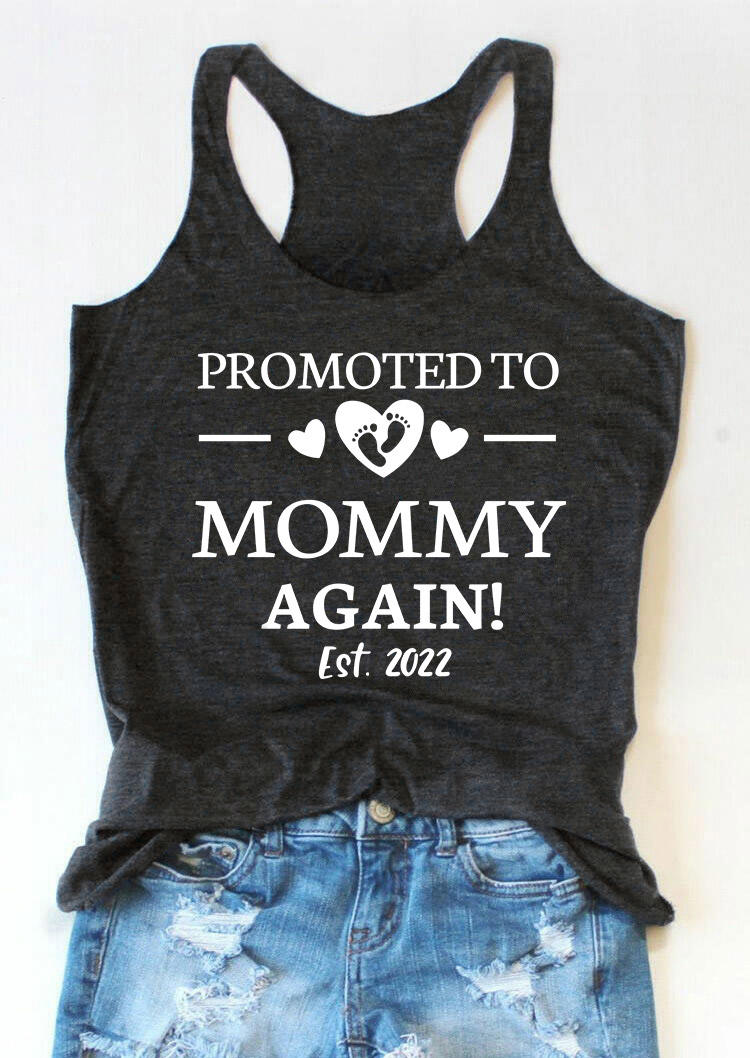Tank Tops Promoted To Mommy Again Heart Footprint Racerback Tank Top - Dark Grey in Gray. Size: L,M,S,XL