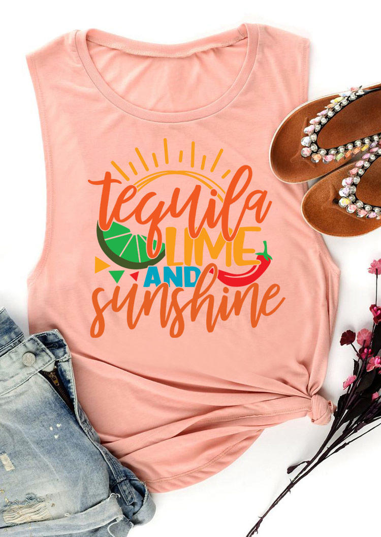 Tank Tops Tequila Lime And Sunshine O-Neck Tank Top in Pink. Size: S,M,L,XL