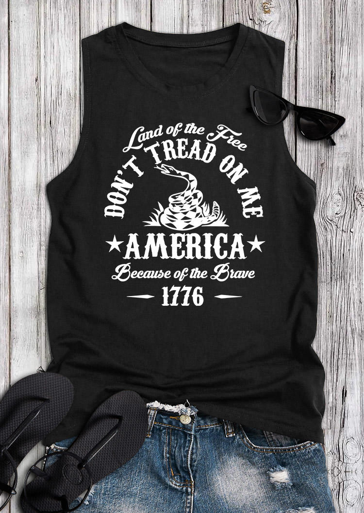 Tank Tops Land Of The Free Don't Tread On Me America Because Of The Brave 1776 Tank Top in Black. Size: S,M,L,XL