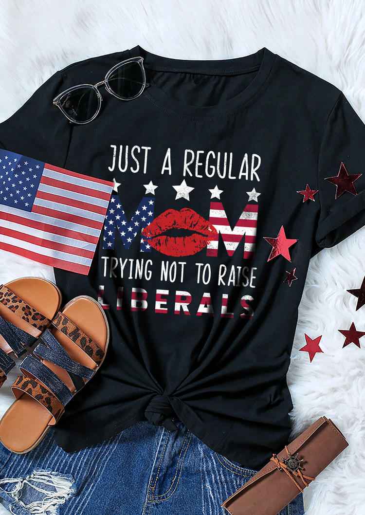 T-shirts Tees Just A Regular Mom Trying Not To Raise Liberals American Flag Lips T-Shirt Tee in Black. Size: S,XL