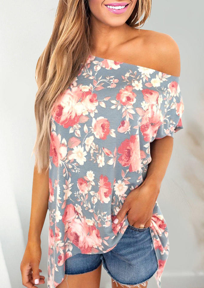 Floral One Sided Cold Shoulder Blouse - Gray
