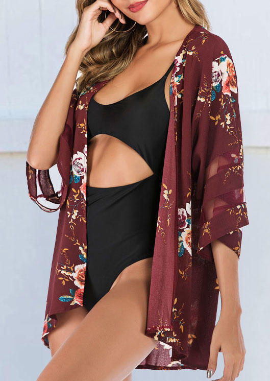 Cardigans Floral Open Front Cardigan in Burgundy. Size: S,M,L