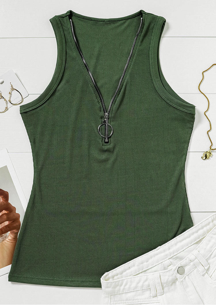 

Tank Tops Zipper Casual Tank Top - Army Green in Green. Size