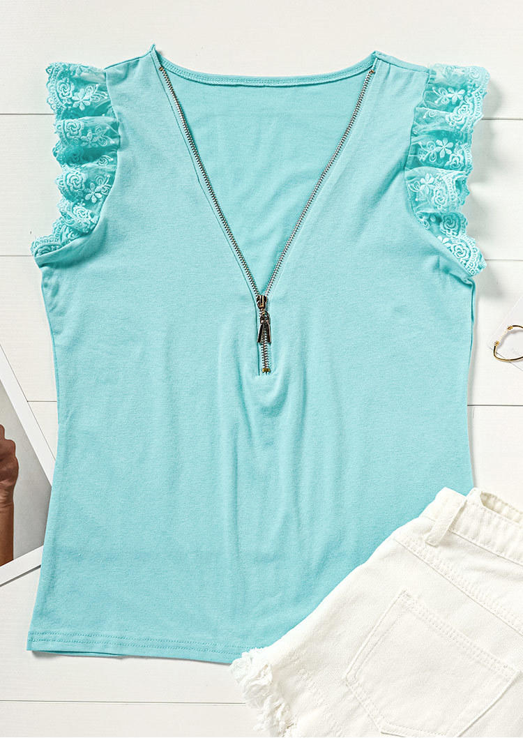 

Tank Tops Ruffled Zipper Casual Tank Top in Lake Blue. Size