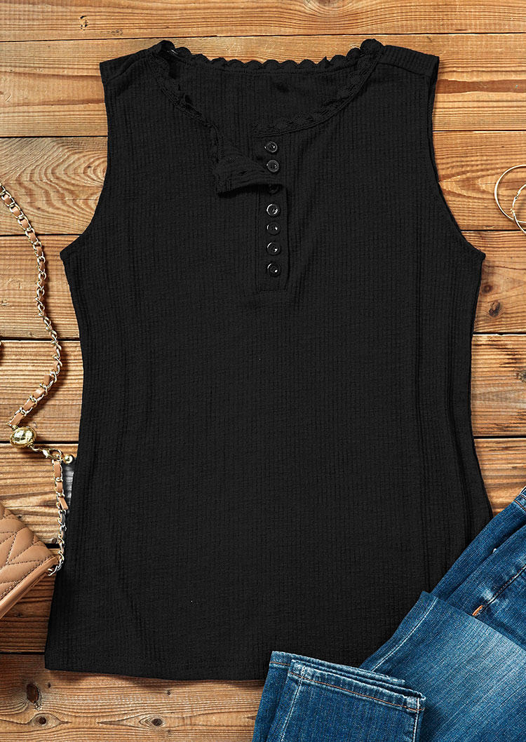 Tank Tops Ribbed Button Casual Tank Top in Black. Size: M