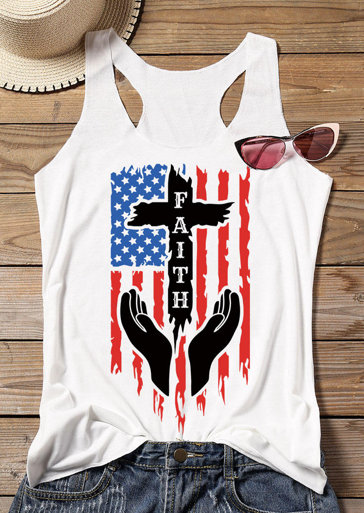 

Tank Tops Faith Cross American Flag Racerback Tank Top in White. Size