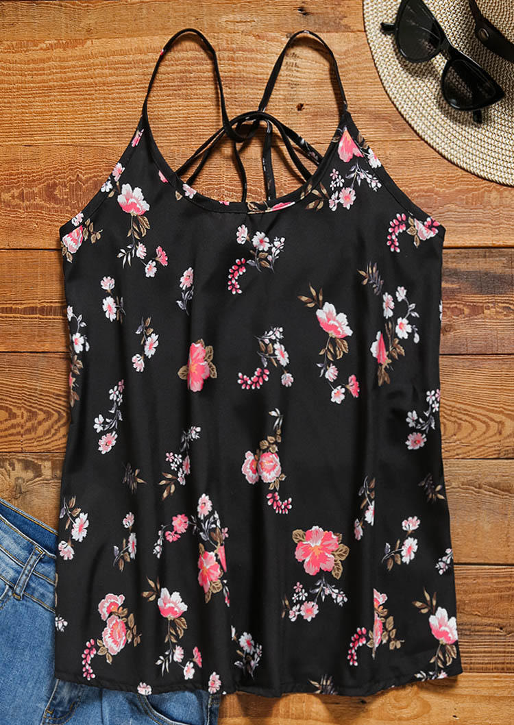 Floral Hollow Out Camisole - Black