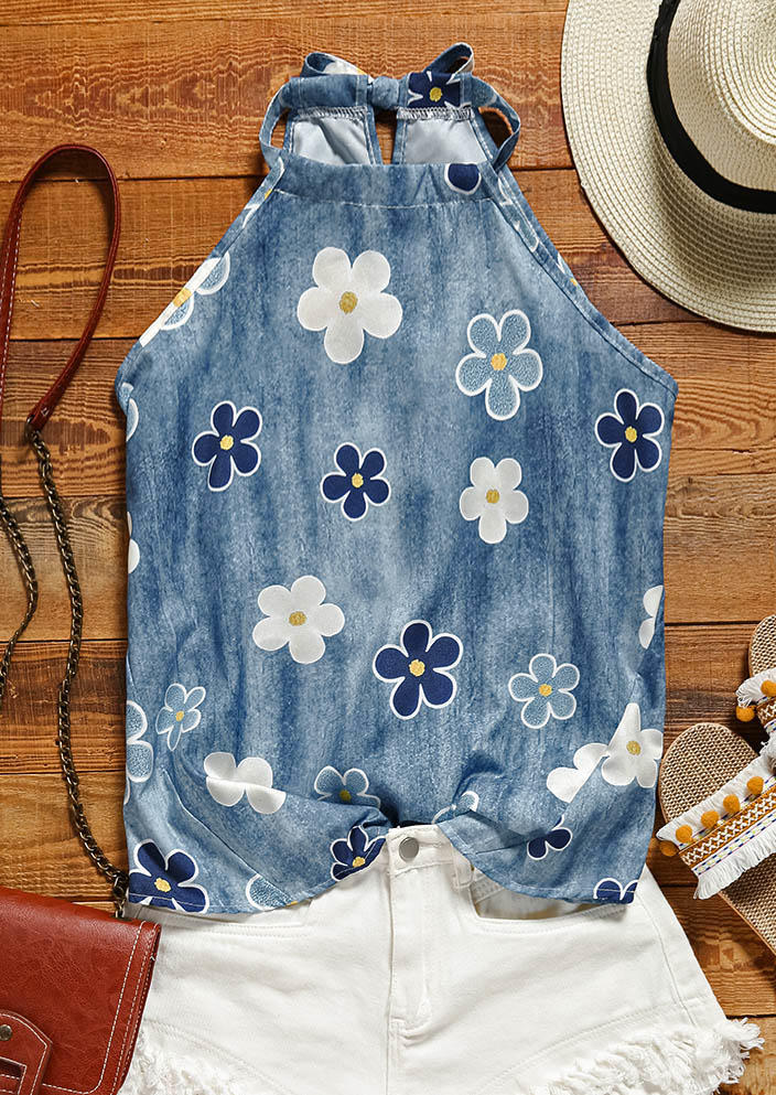 

Tank Tops Floral Halter Casual Camisole in Blue. Size