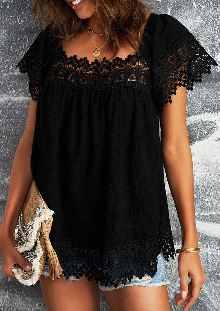 Blouses Lace Splicing  Short Sleeve Blouse in Black. Size: M,L,XL