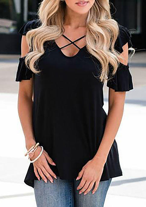 Blouses Criss-Cross Ruffled Cold Shoulder Blouse in Black. Size: S