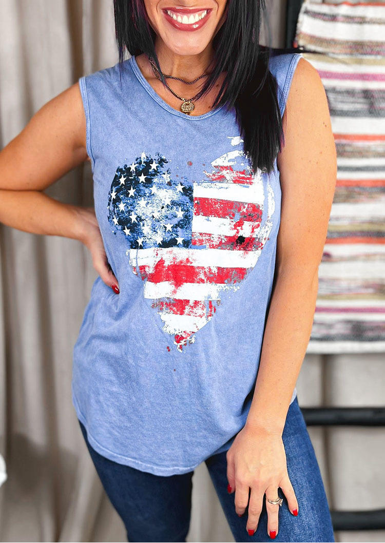 Tank Tops American Flag Heart Casual Tank Top in Blue. Size: L,M,S,XL