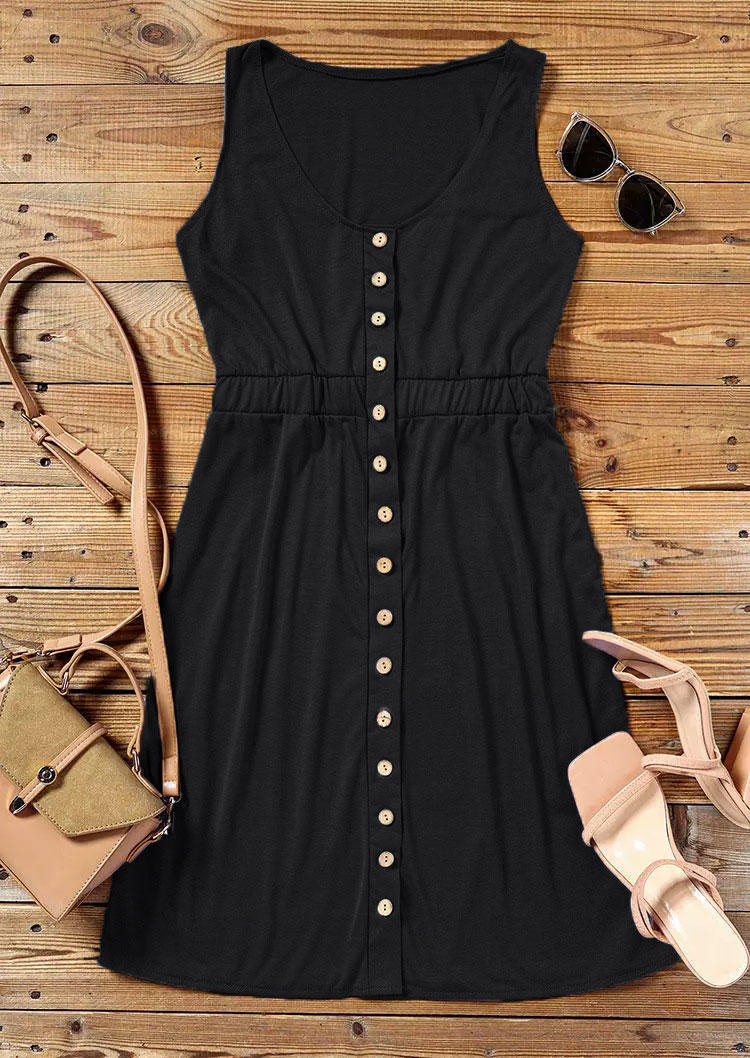 Button Sleeveless Mini Dress - Black