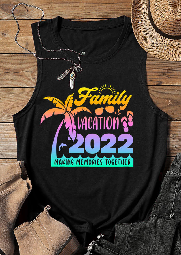 Tank Tops Family Vacation 2022 Coconut Tree Tank Top in Black. Size: M,L